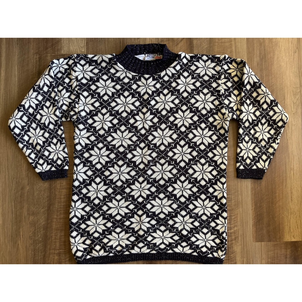 American Pride Sweater Womens Medium Blue White Fair Isle Snowflake Made USA